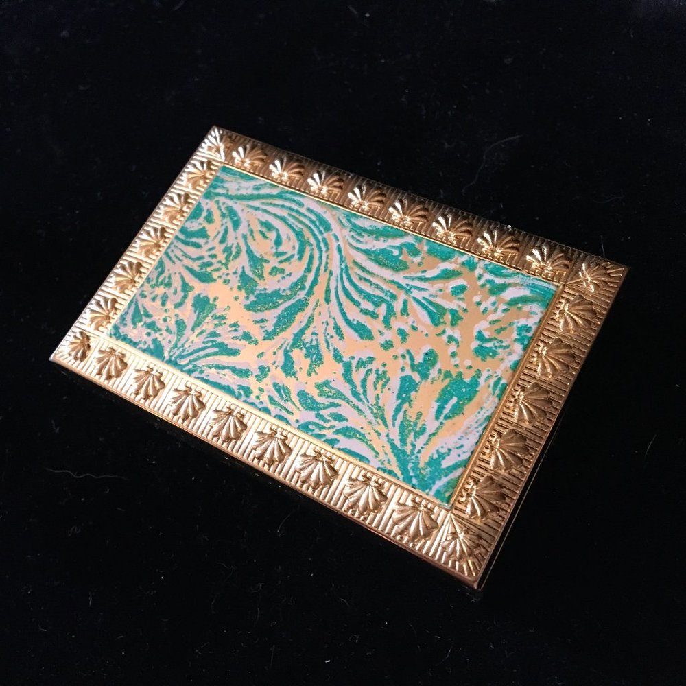 Vintage Retro Compact Gold Metal Fancy Green & Gold Design Powder Case